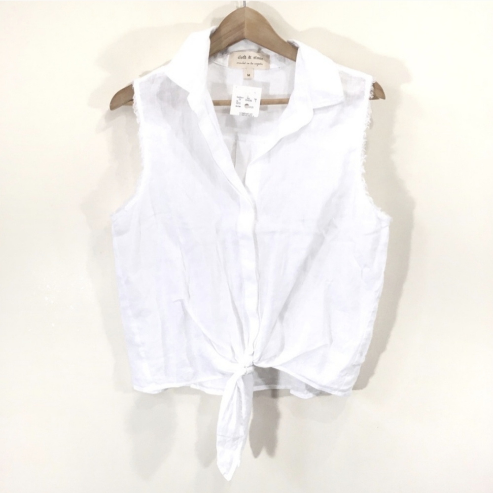 Cloth + Stone Linen White Tie Front Crop Tank New